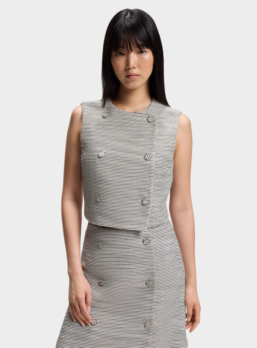 HUGO Striped Double-Breasted Cropped Cotton-Blend Vest  Awinea - Light Beige