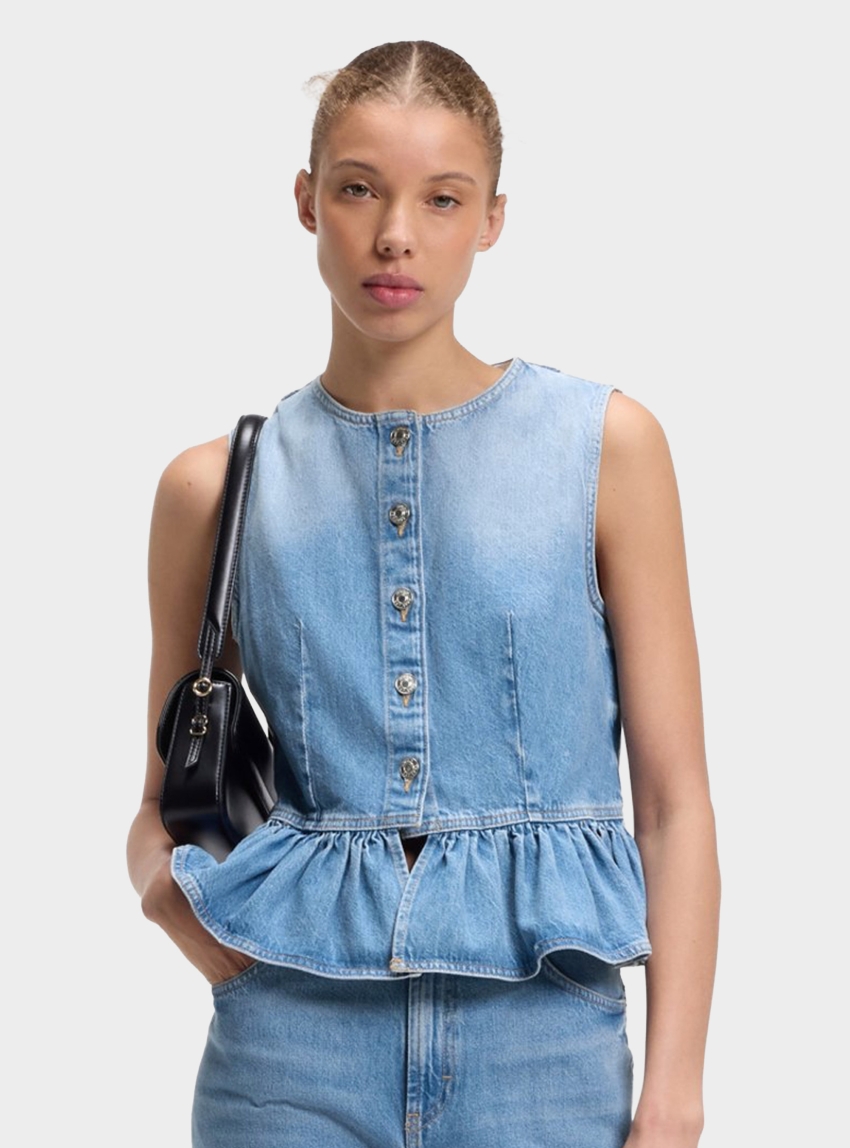 HUGO Regular-Fit Sleeveless Blouse In Denim With Peplum Hem  Gimma - Medium Aged Denim