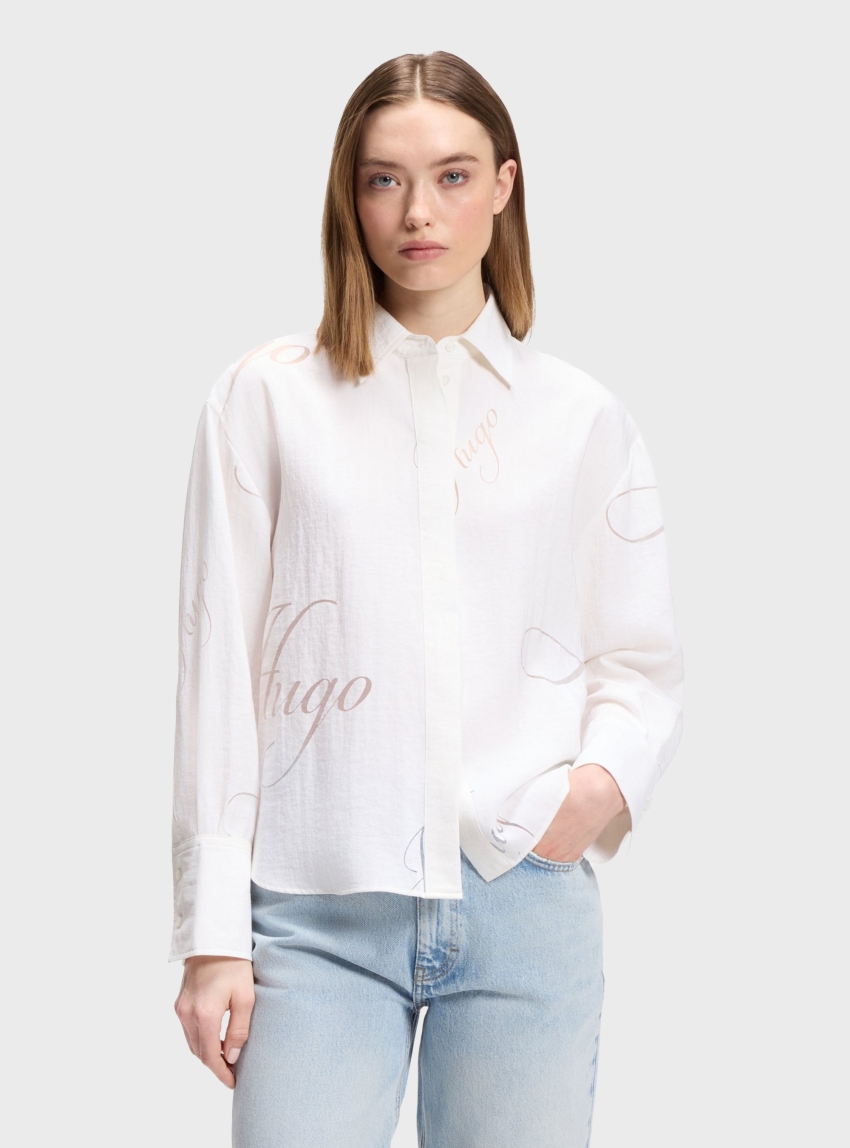 HUGO Oversized-Fit Shirt With Burnout Logo Print  Echinacea - White