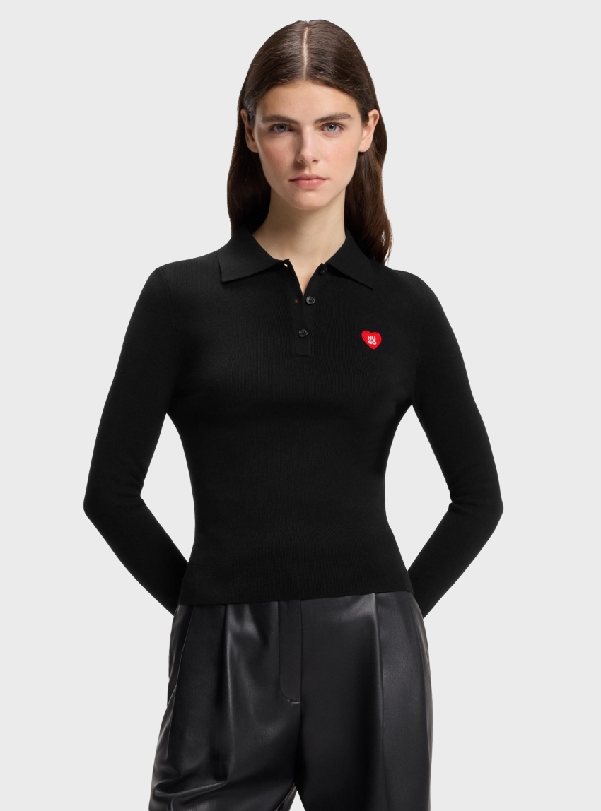 HUGO Slim-Fit Sweater In Ribbed Crepe With Polo Collar Sareplinny - Black