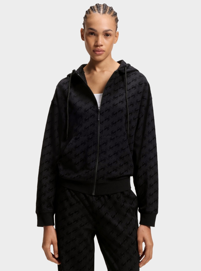 HUGO Relaxed-Fit Hooded Jacket With Flocked-Logo Print FLOKKY_JACKET - Black