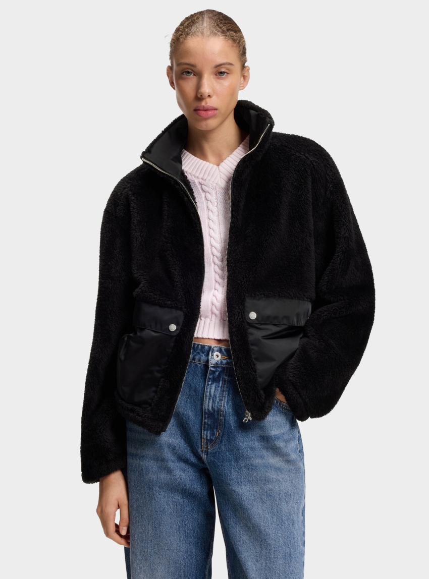 HUGO Faux-Fur Coat With Contrasting Patch Pockets  Fayla-1_B - Black