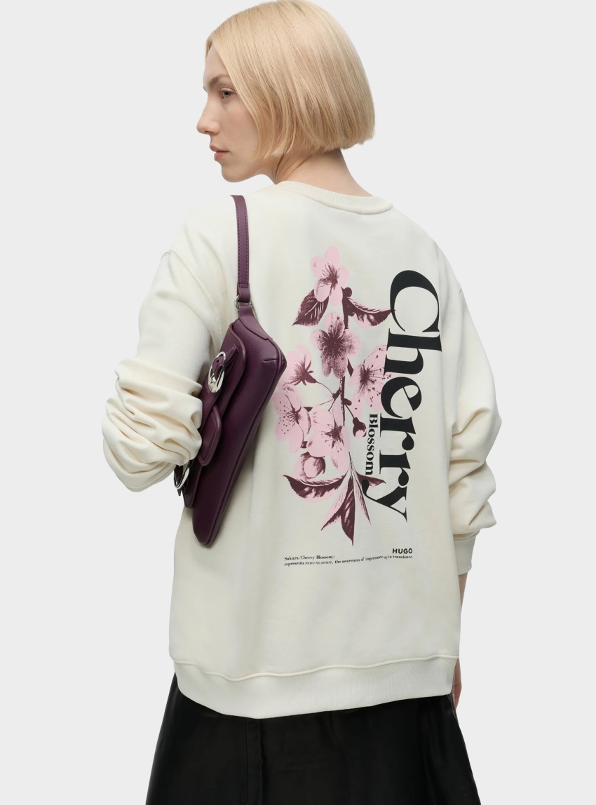 HUGO Relaxed-Fit Sweatshirt In Cotton Terry With Graphic Prints Classic Crew_B_4 - Off White