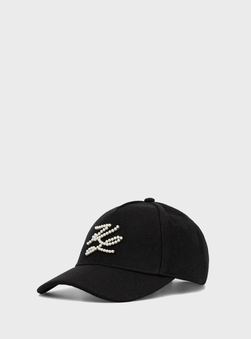 Karl Lagerfeld K/Autograph Wool Pearls Cap - Black
