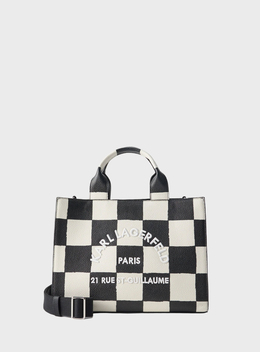 Karl Lagerfeld Rue St-Guillaume Square Medium Checked Tote Bag - Black & White