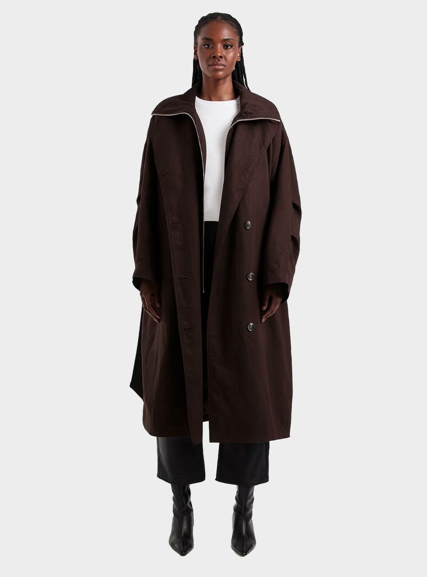 Topshop Sus Funnel Neck Trench Coat - Dark Brown