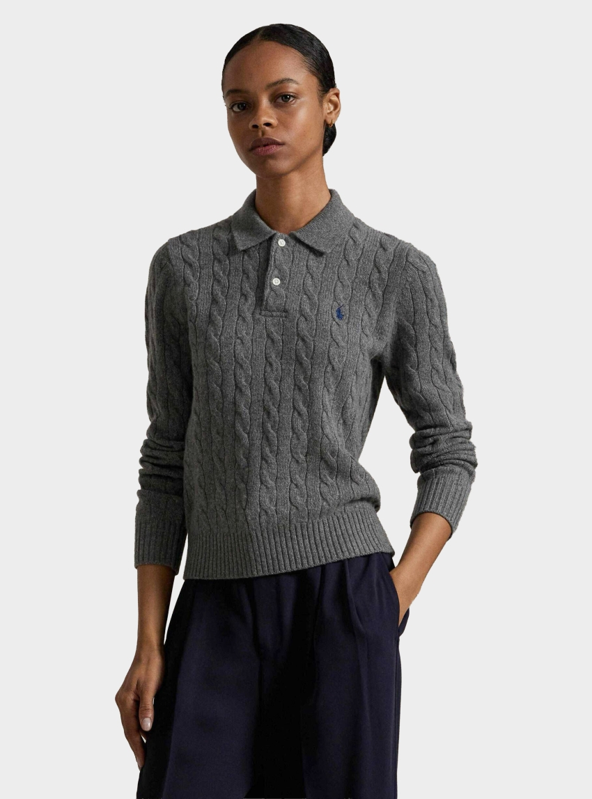Polo Ralph Lauren Cable-Knit Wool/Cashmere Polo Jumper - Grey Melange