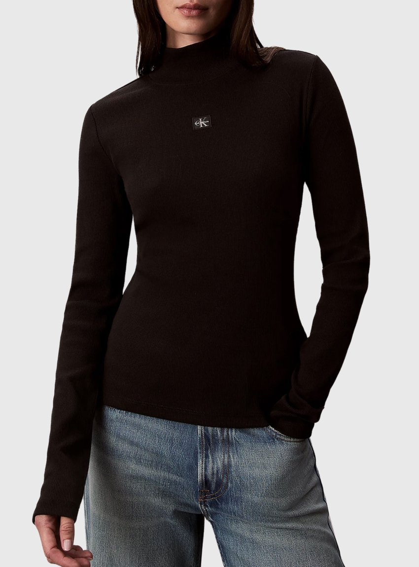 Calvin Klein Ribbed Cotton Turtleneck Top - Black
