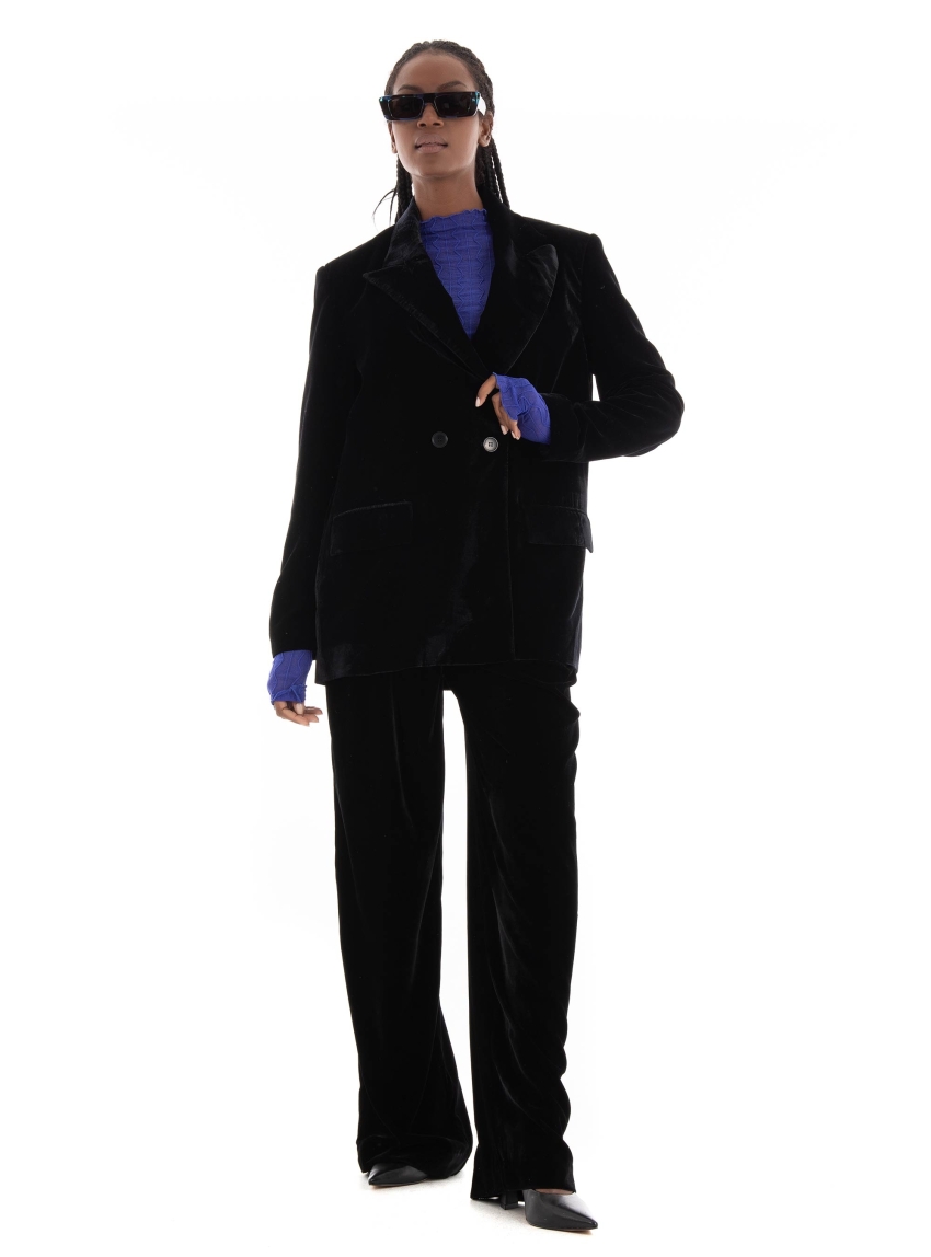 Black & Black Velvet Blazer - Black
