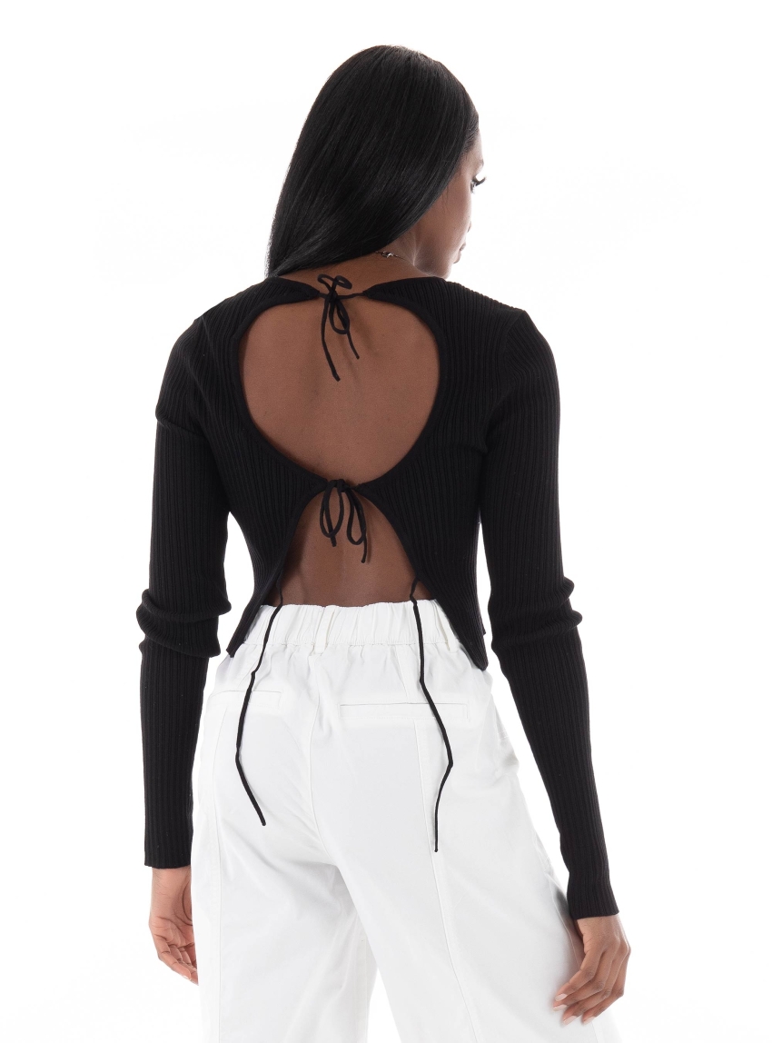 Only Meddi Crop Backdetail Oneck Knit Top - Black