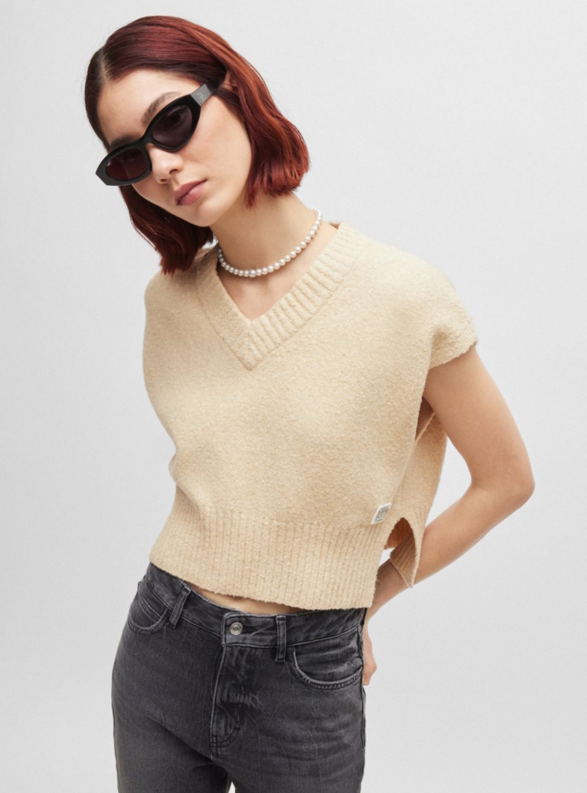 HUGO Knitted V-Neck Top Selleny - Beige