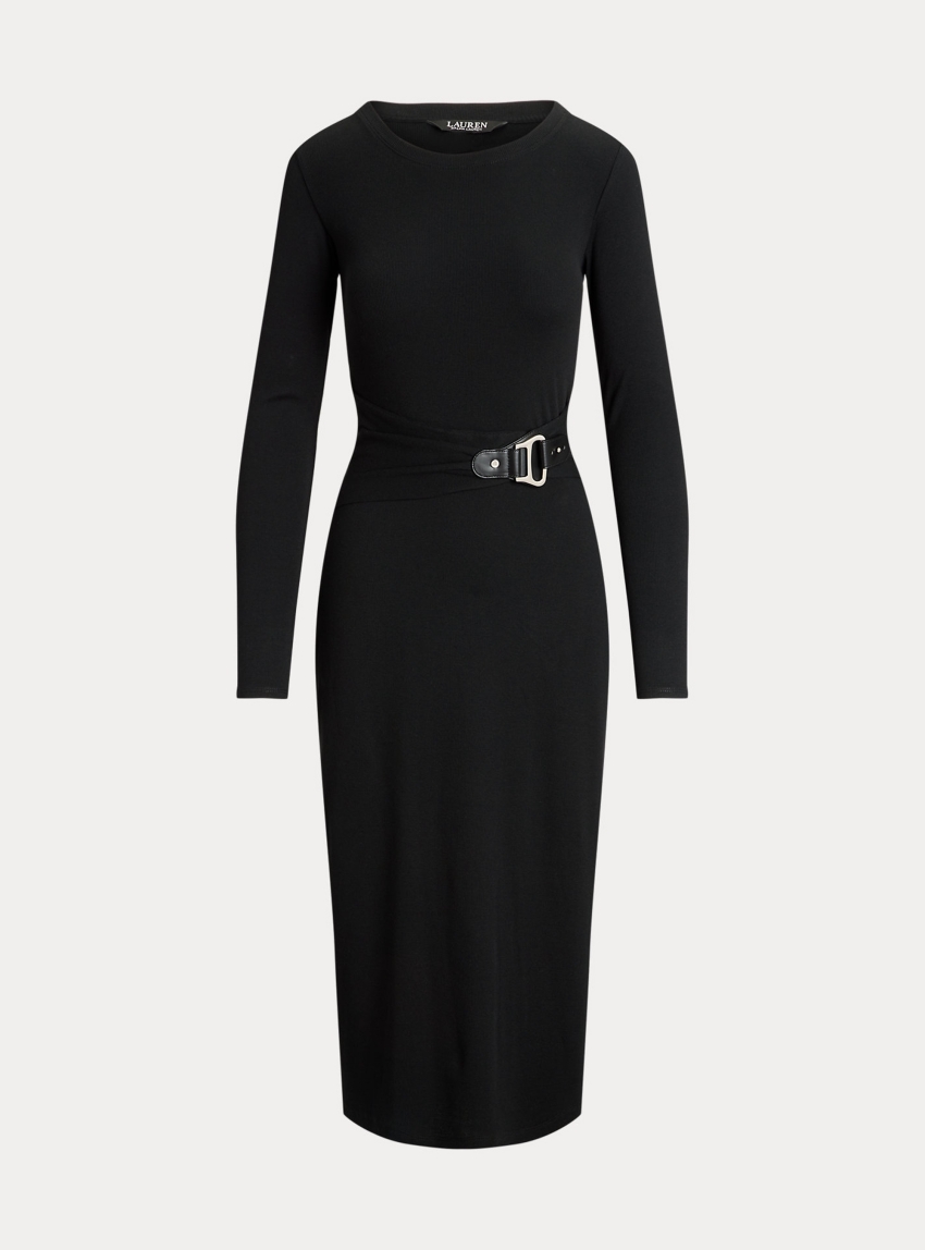 LAUREN Ralph Lauren Buckle-Trim Cotton-Blend Knit Midi Dress - Black
