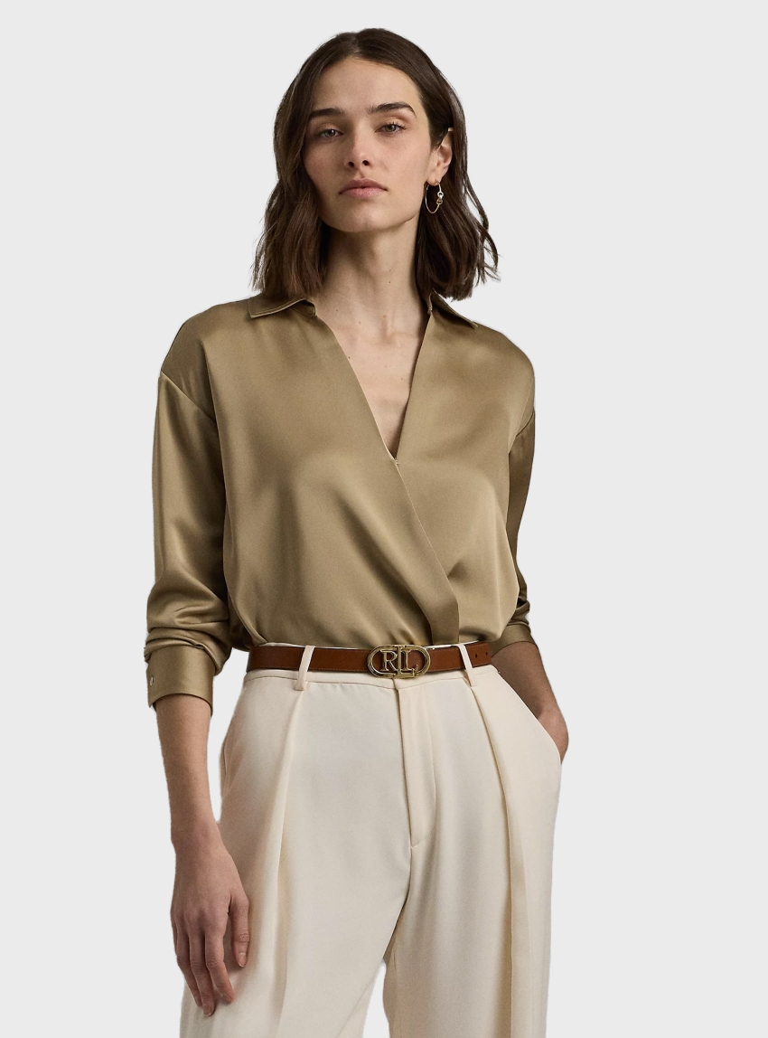 LAUREN Ralph Lauren Satin Charmeuse Surplice Blouse - Beige