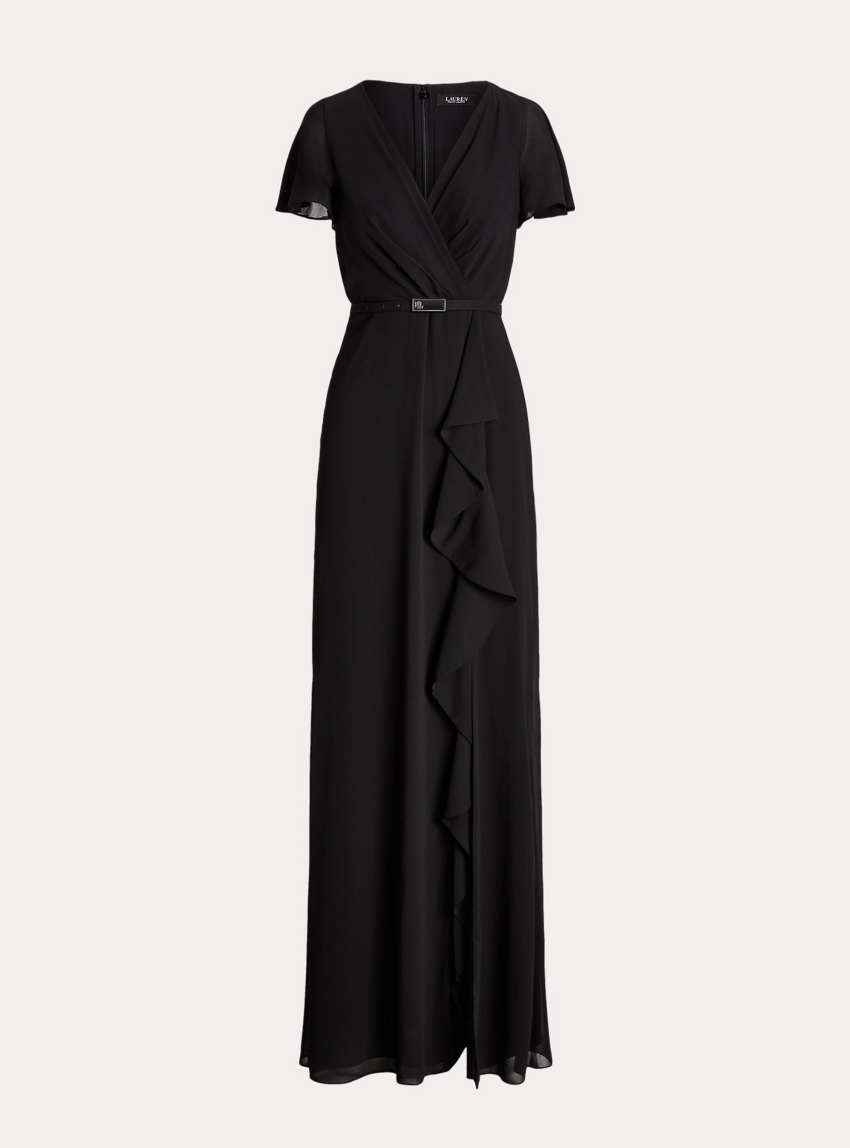 LAUREN Ralph Lauren Belted Georgette Flutter-Sleeve Gown - Black