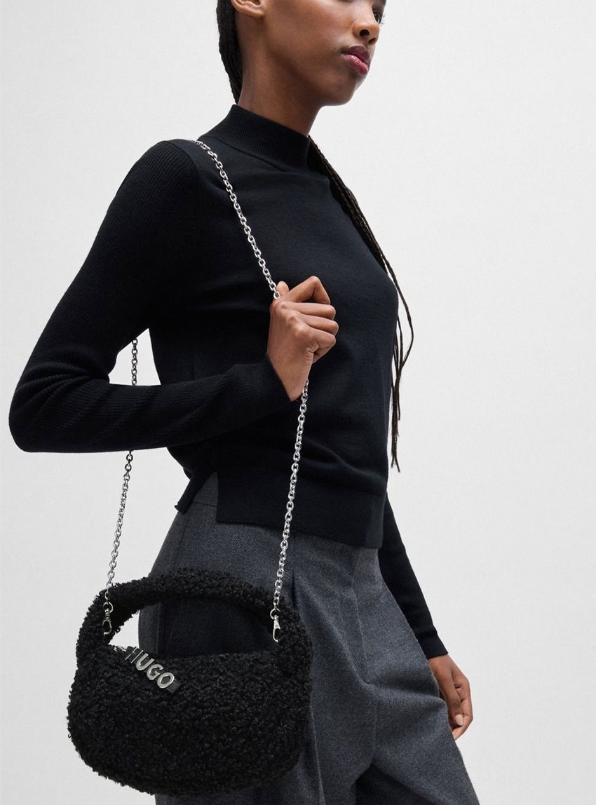 HUGO Logo-Lettering Shoulder Bag In Faux Fur Becky Sh Bag-FFur - Black