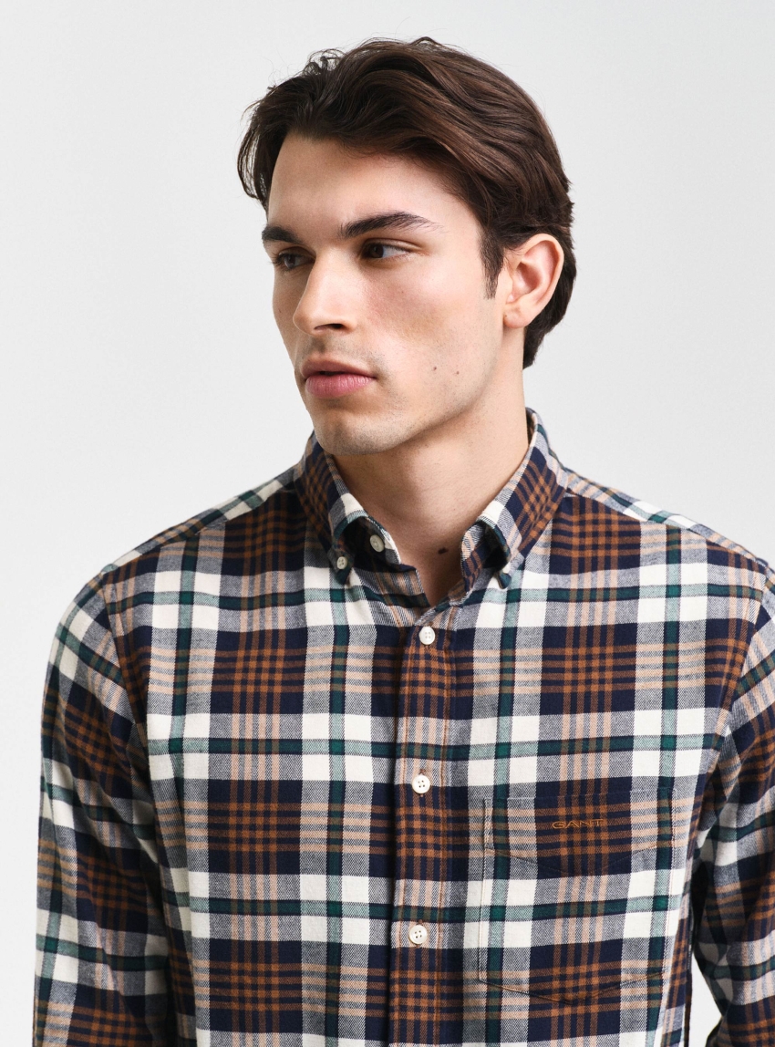 Gant Regular Fit Plaid Flannel Shirt - Rust Brown