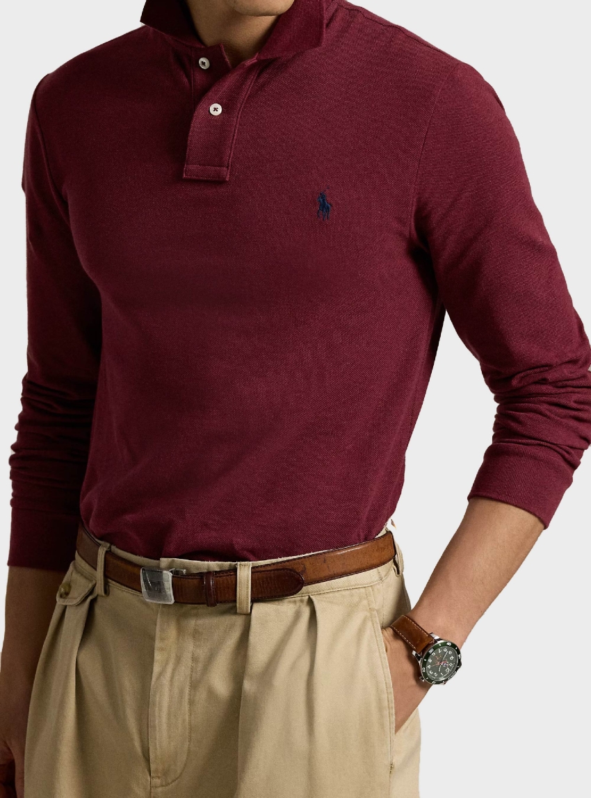 Polo Ralph Lauren Slim Fit Mesh Long-Sleeve Polo Shirt - Bordeaux
