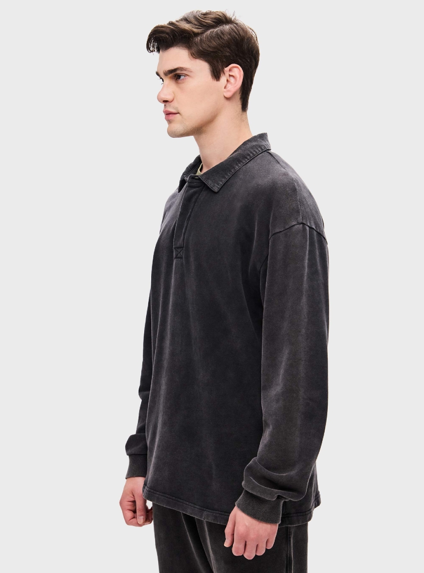 Dirty Laundry Polo Sweatshirt With  Pockets - Washed Black