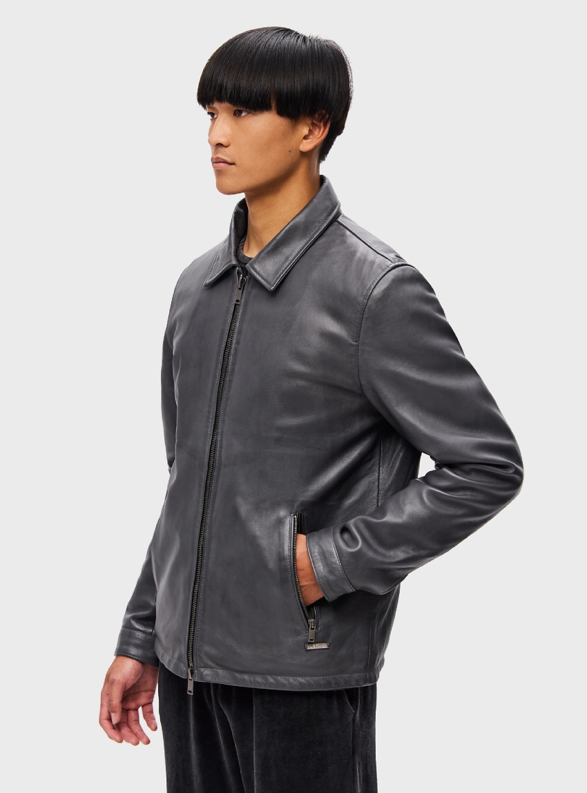 Dirty Laundry Leather Jacket With Centrefront Zip - Grey