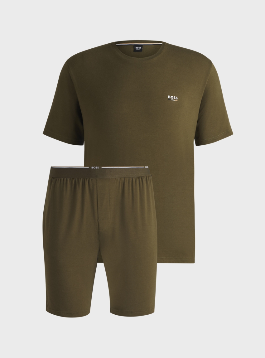 BOSS Stretch-Cotton Pyjama Set Bamboo Short Set - Dark Olive Green