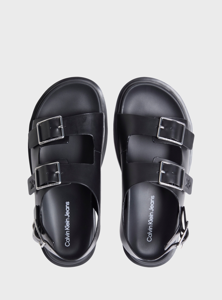 Calvin Klein Flat Molded Leather Buckle Sandals - Black