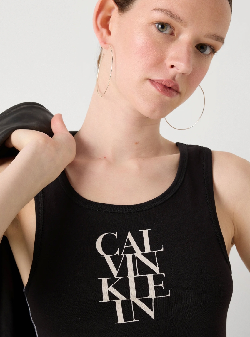 Calvin Klein Logo Graphic Ribbed Tank Dress - Black