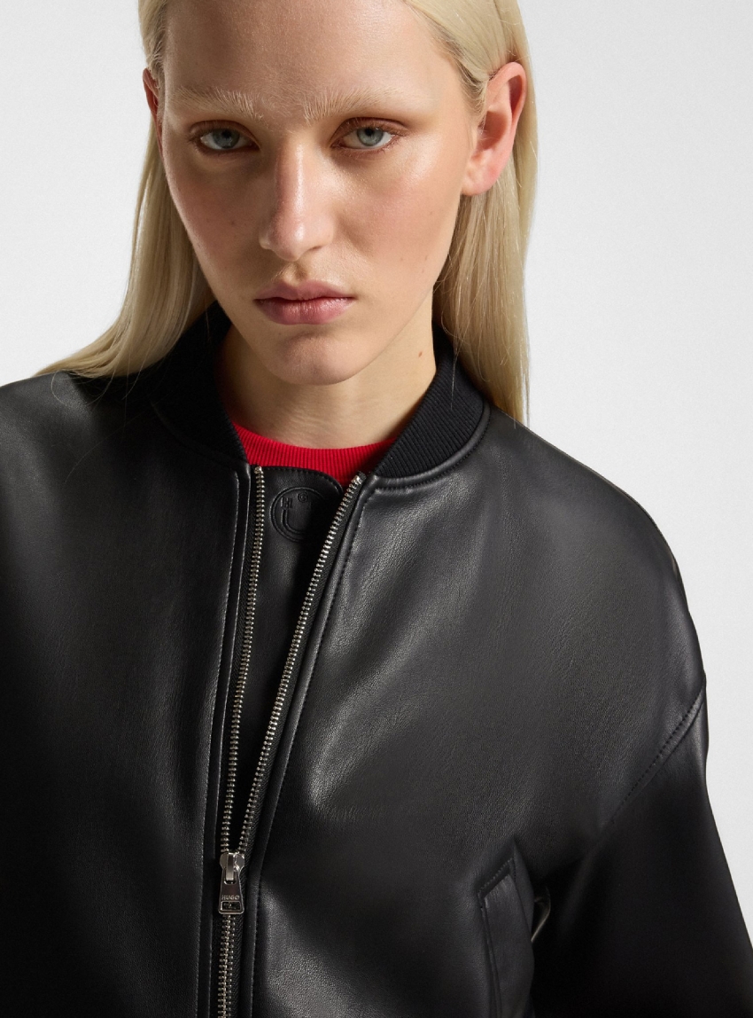 HUGO Cropped Bomber Jacket In Faux Leather  Attitude-1_B - Black