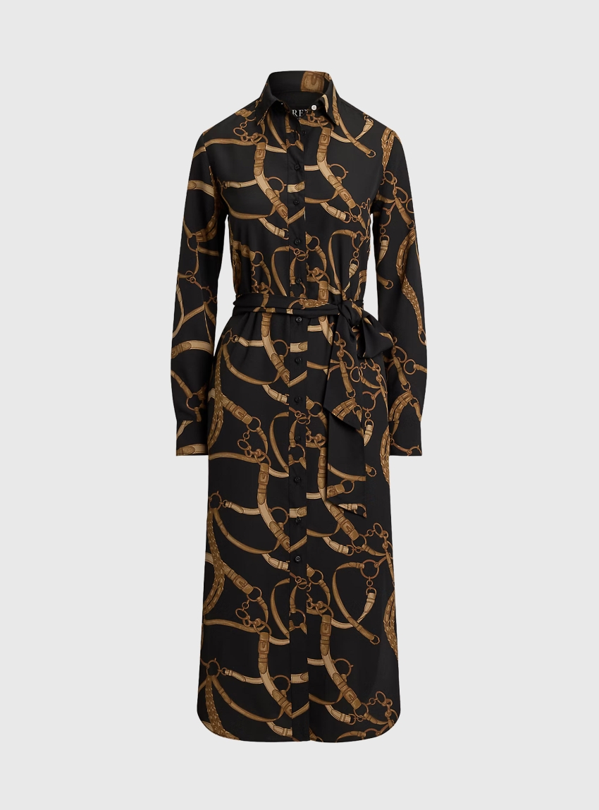 LAUREN Ralph Lauren Belting-Print Crepe Shirtdress - Black
