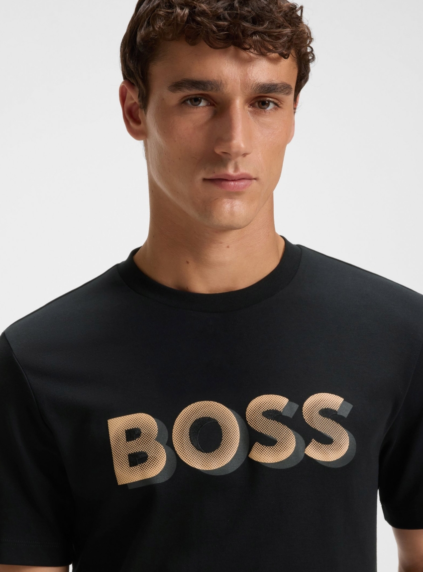 BOSS Mercerised-Cotton T-Shirt With Logo Artwork H-Thompson 656 - Black