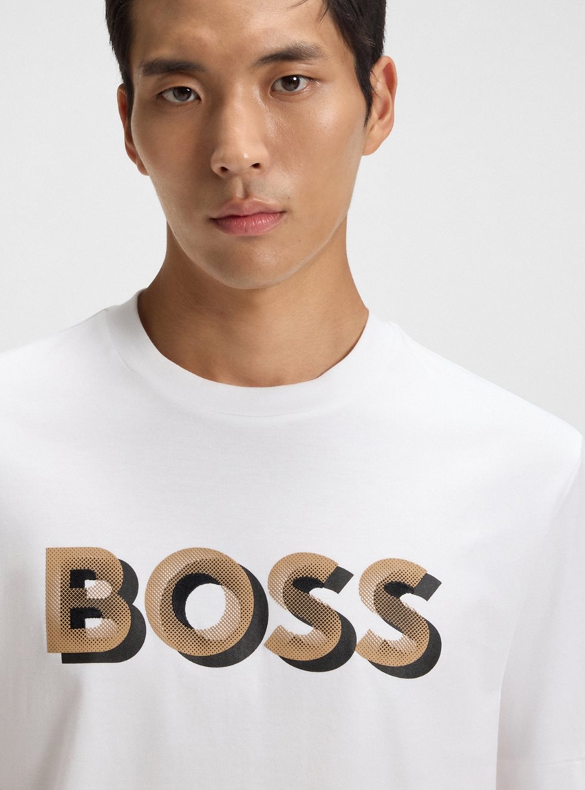 BOSS Mercerised-Cotton T-Shirt With Logo Artwork H-Thompson 656 - White