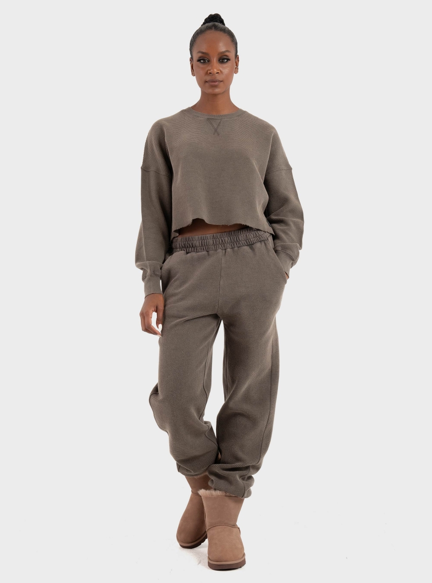 Dirty Laundry Cropped Waffle Longsleeve Blouse - Light Brown