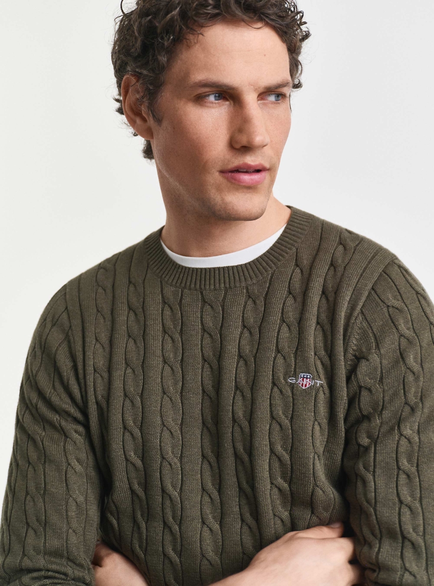Gant Cotton Cable Knit Crew Neck Sweater - Olive 