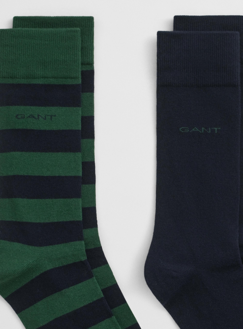 Gant 2-Pack Barstriped & Solid Socks - Dark Green