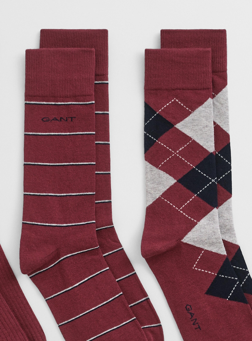 Gant 3-Pack Argyle & Striped Socks - Bordeaux