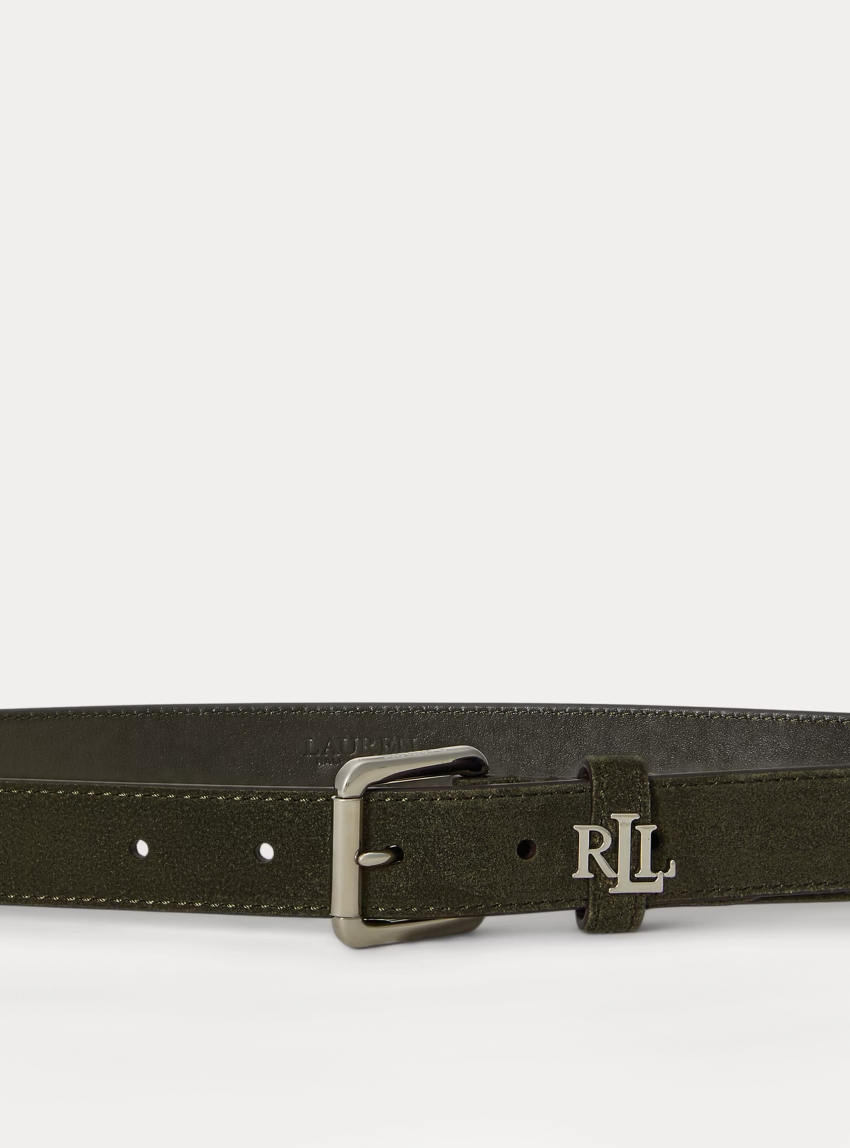 Polo Ralph Lauren Logo-Keeper Suede Skinny Belt - Dark Olive Green