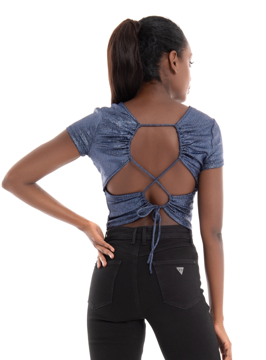 Guess Laced Back Sidra Shine Top - Blue