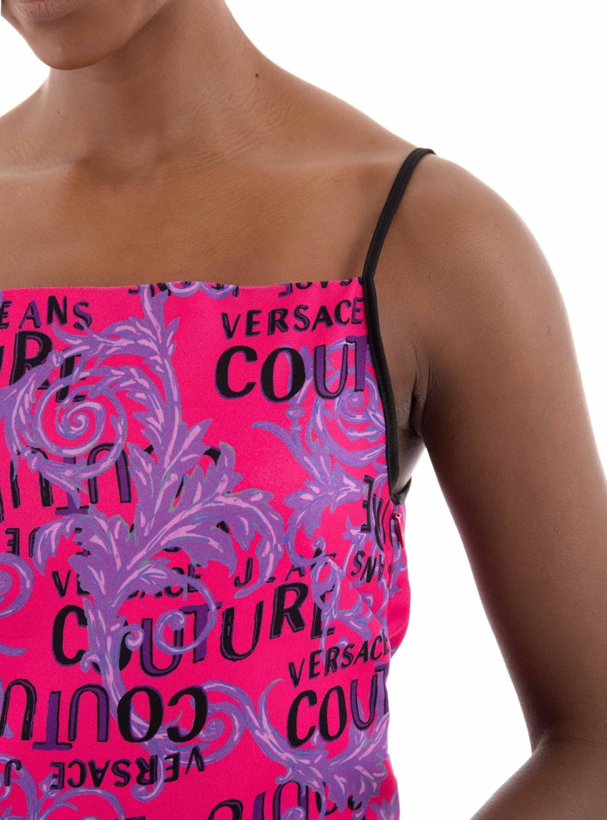 Versace Jeans Envers Satin Print Logo Couture Dress - Hot Pink