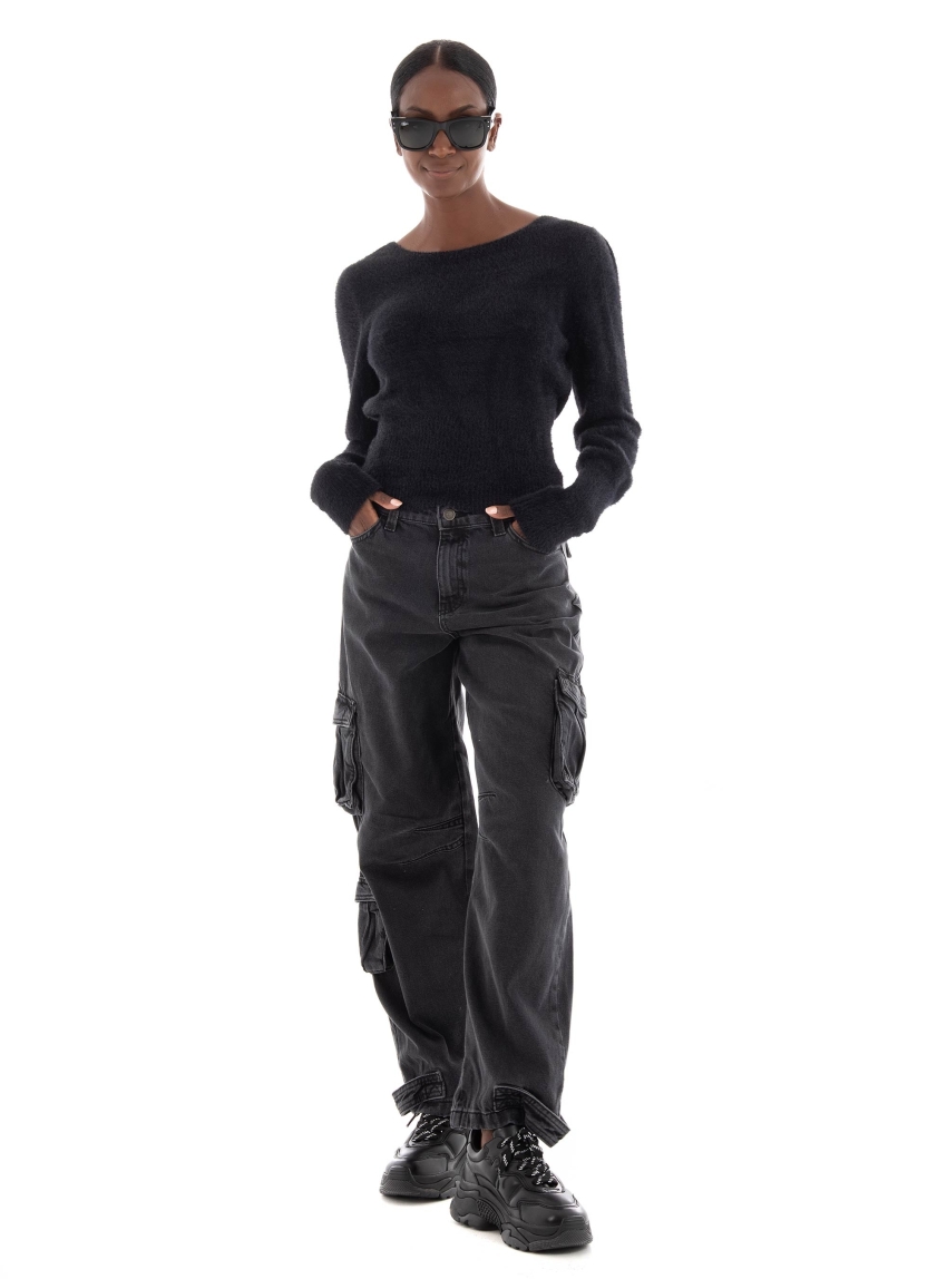 Only River Low Waist Box Cargo Red Jeans - Washed Black