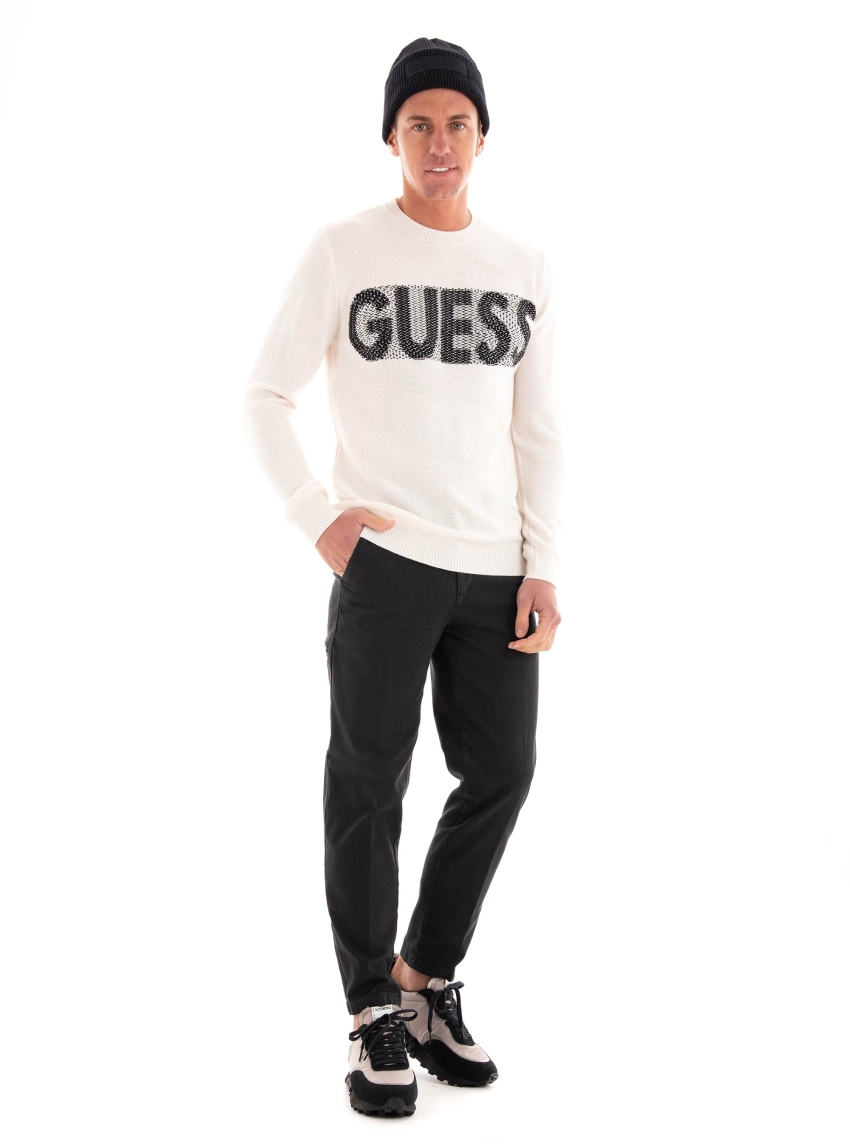 Guess Amyas Ls Cn Slogan Knit - Off White