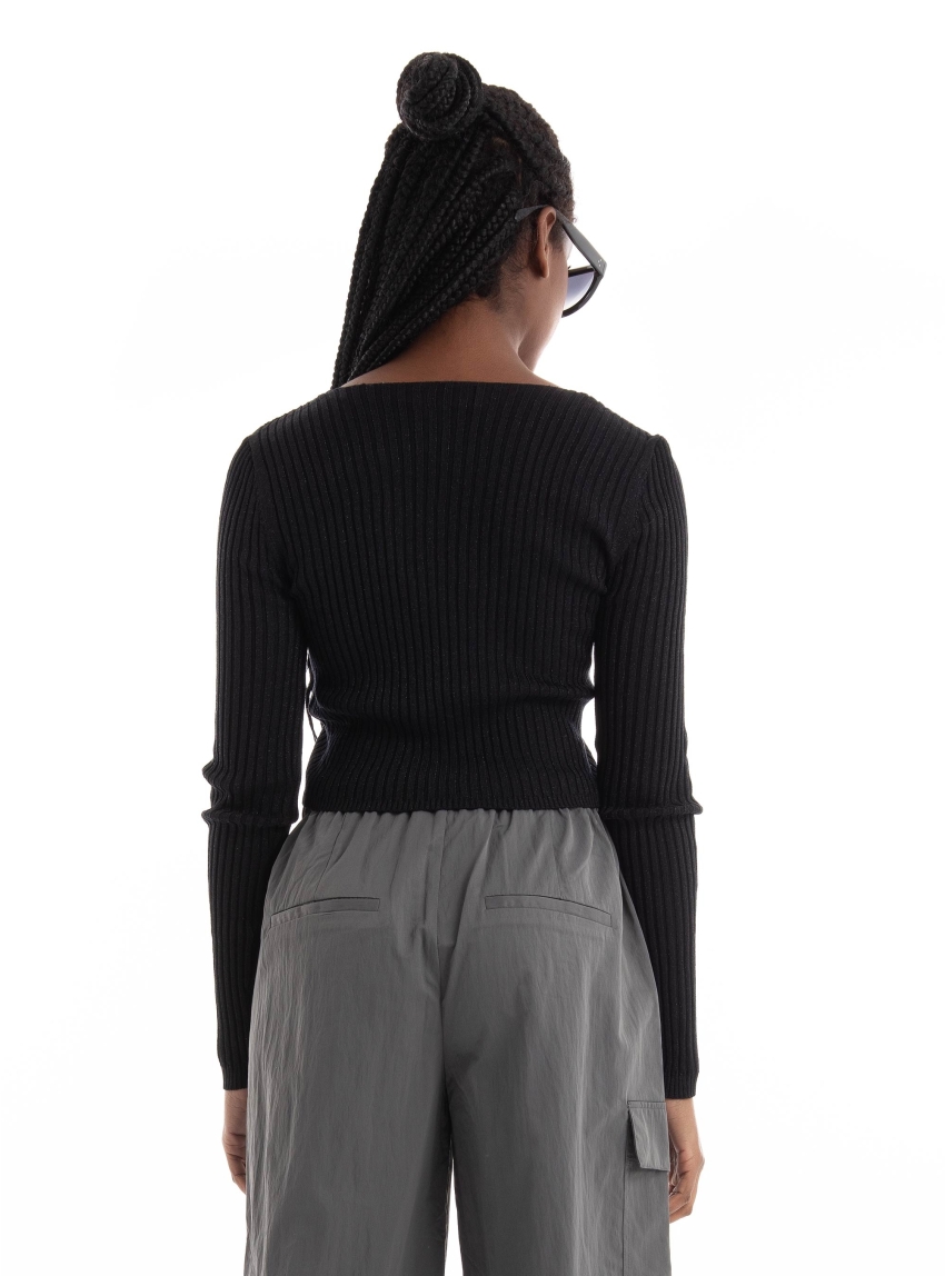 Only Charlotte Crop V-Neck Glitter Top - Black