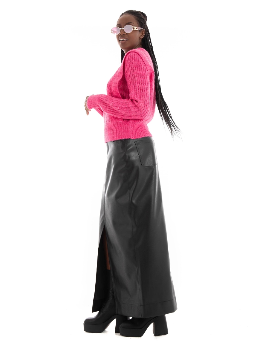 JJXX Elva Long Mid Waist Faux Leather Skirt - Black