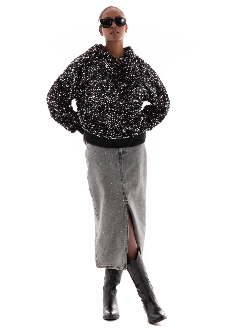 Only Gry High Waist Studio Midi Slit Denim Skirt - Grey