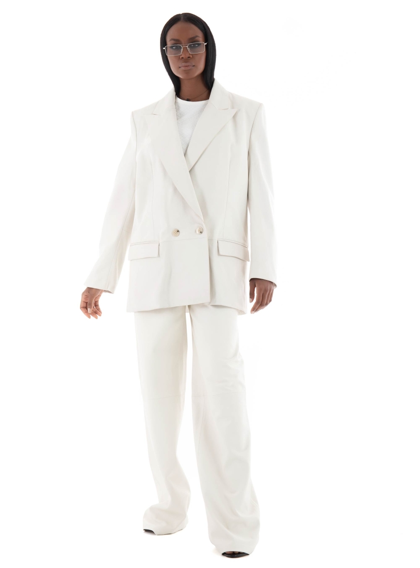 BOSS Longline Double Breasted Leather Blazer Salabetha - Off White