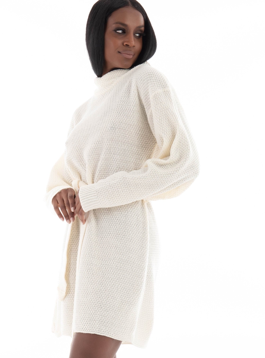 Glamorous Belted Knit Dress - Ecru