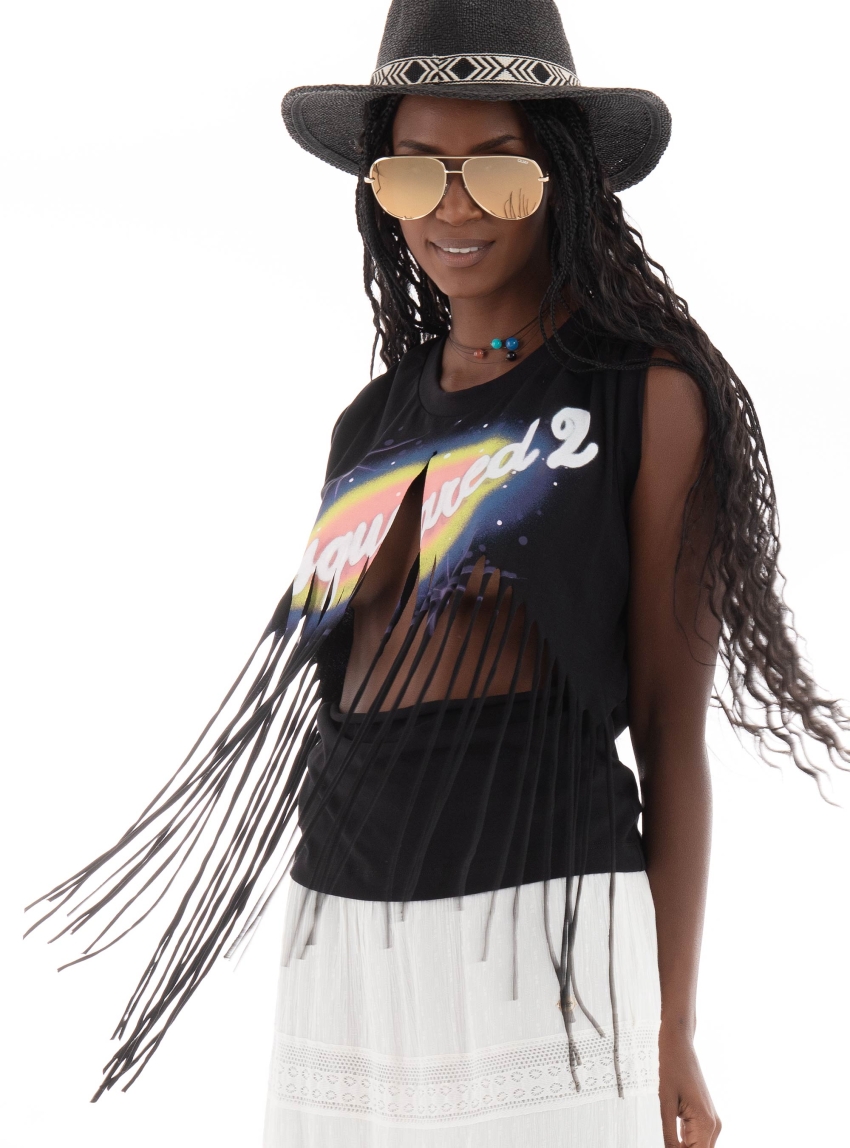 Dsquared Logo Print Fringe T-Shirt - Black