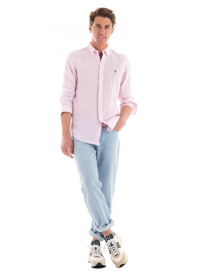 Polo Ralph Lauren Custom Fit Striped Linen Shirt - Pink