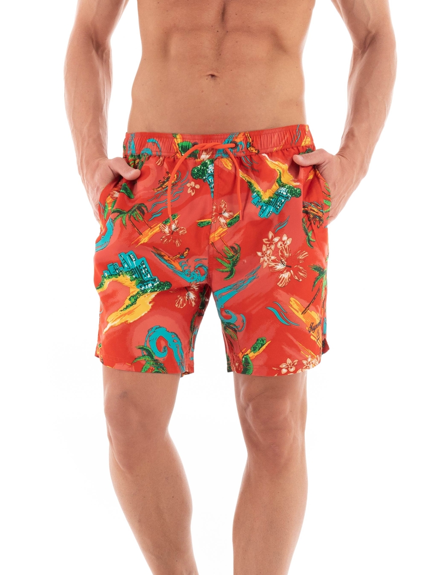 Superdry D4 Ovin Hawaiian Print 17" Swim Shorts - Red