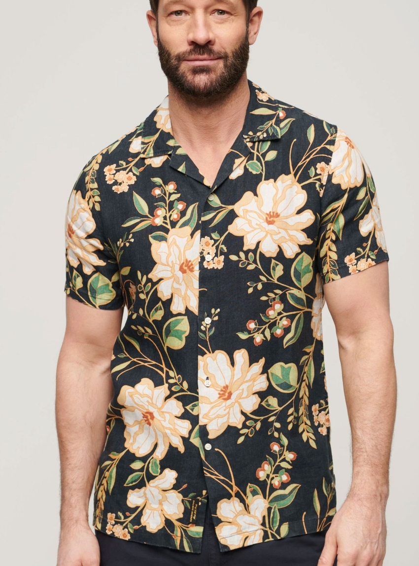 Superdry D4 Open Collar Print Linen Shirt - Navy