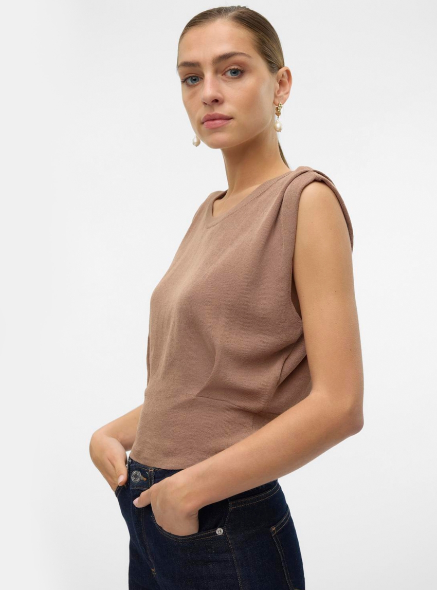Vero Moda Lita O-Neck Cropped Knit Top - Dark Beige