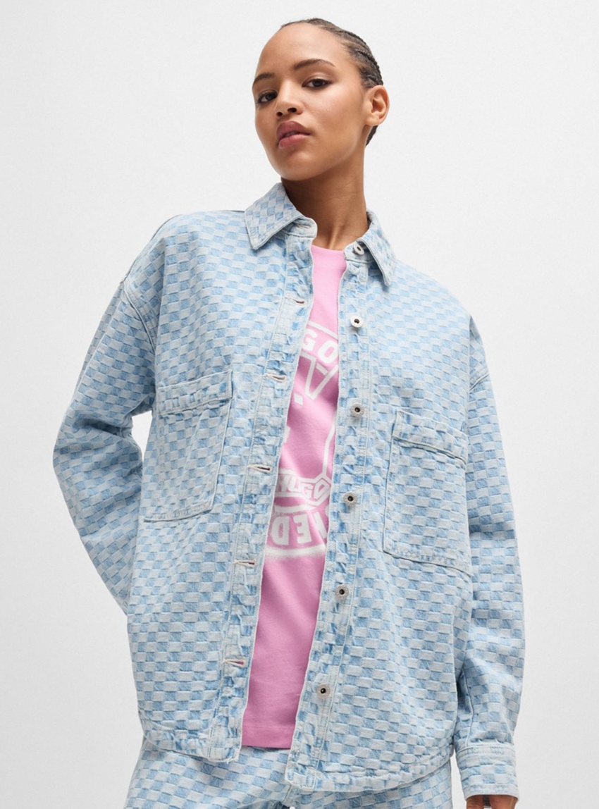 HUGO Oversized Checkerboard Denim Shirt-Jacket Garesa_B - Light Blue